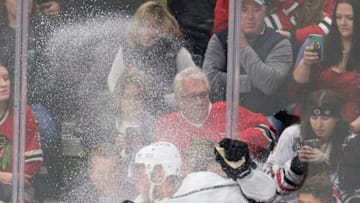 Chicago Blackhawks center Nick Schmaltz (8) crashes into Los Angeles Kings defenseman Alec Martinez (27) during the third period on Sunday, Dec. 3, 2017, at the United Center in Chicago, Ill. The Blackhawks lost to the Kings 3-1. (Erin Hooley/Chicago Tribune/TNS via Getty Images)