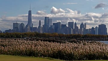 JERSEY CITY, NJ - SEPTEMBER 30: A general view of the New York city skyline seen from the 10th hole during the third round of the Presidents Cup at Liberty National Golf Club on September 30, 2017 in Jersey City, New Jersey. (Photo by Brian Spurlock/Icon Sportswire via Getty Images)