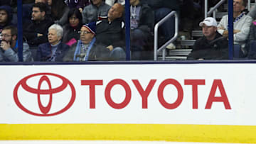 COLUMBUS, OH - NOVEMBER 10: A detailed view of a Toyota logo during a game between the Columbus Blue Jackets and the Caroling Hurricanes on November 10, 2017, at Nationwide Arena in Columbus, OH. (Photo by Adam Lacy/Icon Sportswire via Getty Images)