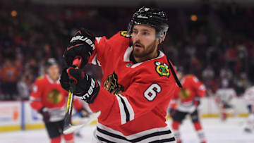 CHICAGO, IL - JANUARY 07: Chicago Blackhawks defenseman Michal Kempny (6) warms up prior to a game between the Chicago Blackhawks and the Edmonton Oilers on January 7, 2018, at the United Center in Chicago, IL. (Photo by Patrick Gorski/Icon Sportswire via Getty Images)