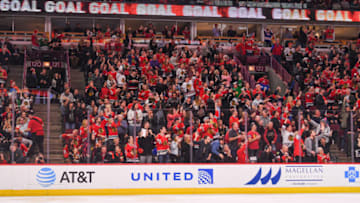 CHICAGO, IL - FEBRUARY 23: Chicago Blackhawks fans celebrate a goal during a game between the Chicago Blackhawks and the San Jose Sharks on February 23, 2018, at the United Center in Chicago, IL. Blackhawks won 3-1. (Photo by Patrick Gorski/Icon Sportswire via Getty Images)
