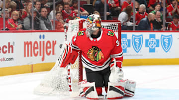 CHICAGO, IL - MARCH 18: Goalie Jean-François Bérubé #34 of the Chicago Blackhawks guards the net in the first period against the St. Louis Blues at the United Center on March 18, 2018 in Chicago, Illinois. The St. Louis Blues defeated the Chicago Blackhawks 5-4. (Photo by Chase Agnello-Dean/NHLI via Getty Images)