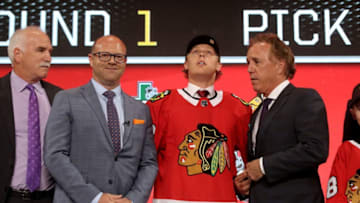DALLAS, TX - JUNE 22: Adam Boqvist poses after being selected eighth overall by the Chicago Blackhawks during the first round of the 2018 NHL Draft at American Airlines Center on June 22, 2018 in Dallas, Texas. (Photo by Bruce Bennett/Getty Images)