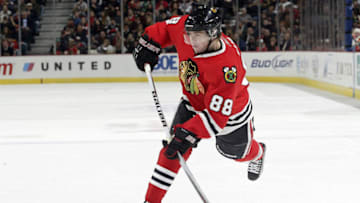 CHICAGO - NOVEMBER 14: Patrick Kane #88 of the Chicago Blackhawks shoots the puck during the game against the Anaheim Ducks on November 14, 2010 at the United Center in Chicago, Illinois. (Photo by Bill Smith/NHLI via Getty Images)