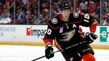 ANAHEIM, CA - FEBRUARY 17: Corey Perry #10 of the Anaheim Ducks skates with the puck during the game against the Washington Capitals on February 17, 2019 at Honda Center in Anaheim, California. (Photo by Debora Robinson/NHLI via Getty Images)