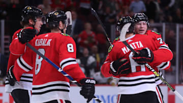 The Chicago Blackhawks' Kirby Dach, right, receives a hug from teammate Olli Maatta (6) after Dach scored a goal in the first period against the Vegas Golden Knights at the United Center in Chicago on Tuesday, Oct. 22, 2019. The Golden Knights won, 2-1, in a shootout. (Chris Sweda/Chicago Tribune/Tribune News Service via Getty Images)
