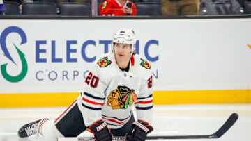 BOSTON, MA - DECEMBER 05: Chicago Blackhawks left wing Brandon Saad (20) stretches during warmups prior to the Chicago Blackhawks and Boston Bruins NHL game on December 5, 2019, at TD Garden in Boston, MA. (Photo by John Crouch/Icon Sportswire via Getty Images)