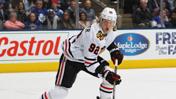 TORONTO, ON - JANUARY 18: Alex Nylander #92 of the Chicago Blackhawks skates against the Toronto Maple Leafs during an NHL game at Scotiabank Arena on January 18, 2020 in Toronto, Ontario, Canada. The Blackhawks defeated the Maple Leafs 6-2. (Photo by Claus Andersen/Getty Images)