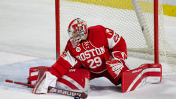 AMHERST, MA - JANUARY 17: Drew Commesso #29 of the Boston University Terriers makes a save during NCAA men's hockey against the Massachusetts Minutemen at the Mullins Center on January 17, 2021 in Amherst, Massachusetts. The Terriers won 4-2. (Photo by Richard T Gagnon/Getty Images)