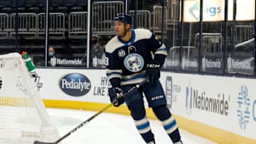 COLUMBUS, OH - FEBRUARY 7: Seth Jones #3 of the Columbus Blue Jackets skates after the puck during the game against the Carolina Hurricanes at Nationwide Arena on February 7, 2021 in Columbus, Ohio. (Photo by Kirk Irwin/Getty Images)