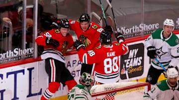 Patrick Kane #88, Mike Hardman #86, Mackenzie Entwistle #58, Chicago Blackhawks Mandatory Credit: Eileen T. Meslar-USA TODAY Sports