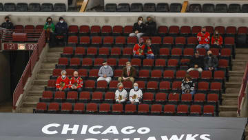 May 10, 2021; Chicago, Illinois, USA; Fans watch the game between the Chicago Blackhawks and Dallas Stars during the third period at United Center. Mandatory Credit: Kamil Krzaczynski-USA TODAY Sports