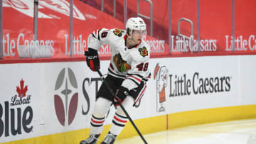 Apr 15, 2021; Detroit, Michigan, USA; Chicago Blackhawks defenseman Wyatt Kalynuk (48) during the second period against the Detroit Red Wings at Little Caesars Arena. Mandatory Credit: Tim Fuller-USA TODAY Sports
