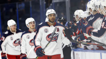 Apr 22, 2021; Tampa, Florida, USA; Columbus Blue Jackets defenseman Seth Jones (3) is congratulated after he scored a goal against the Tampa Bay Lightning during the first period at Amalie Arena. Mandatory Credit: Kim Klement-USA TODAY Sports