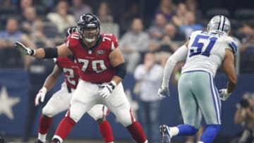 Sep 27, 2015; Arlington, TX, USA; Atlanta Falcons tackle Jake Matthews (70) in action against the Dallas Cowboys at AT&T Stadium. Mandatory Credit: Matthew Emmons-USA TODAY Sports