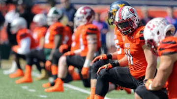 Jan 30, 2016; Mobile, AL, USA; The North squad, including inside linebacker Jared Norris of Utah (41) warms up before the Senior Bowl at Ladd-Peebles Stadium. Mandatory Credit: Chuck Cook-USA TODAY Sports