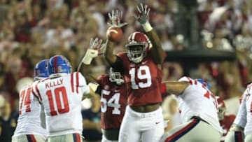 Sep 19, 2015; Tuscaloosa, AL, USA; Alabama Crimson Tide linebacker Reggie Ragland (19) blocks the pass of Mississippi Rebels quarterback Chad Kelly (10)at Bryant-Denny Stadium. Mandatory Credit: Marvin Gentry-USA TODAY Sports