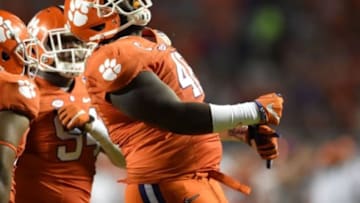 Dec 31, 2015; Miami Gardens, FL, USA; Clemson Tigers defensive tackle D.J. Reader (48) reacts after a play against the Oklahoma Sooners in the third quarter of the 2015 CFP Semifinal at the Orange Bowl at Sun Life Stadium. Mandatory Credit: John David Mercer-USA TODAY Sports