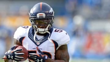 Dec 6, 2015; San Diego, CA, USA; Denver Broncos inside linebacker Danny Trevathan (59) warms up before the game against the San Diego Chargers at Qualcomm Stadium. Mandatory Credit: Jake Roth-USA TODAY Sports