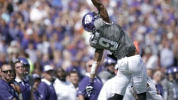 Oct 3, 2015; Fort Worth, TX, USA; Texas Christian University Horned Frogs wide receiver Josh Doctson (9) attempts to make a catch against the University of Texas Longhorns in the second quarter at Amon G. Carter Stadium. The pass was incomplete. Mandatory Credit: Erich Schlegel-USA TODAY Sports