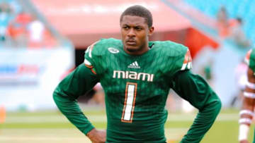 Oct 24, 2015; Miami Gardens, FL, USA; Miami Hurricanes defensive back Artie Burns (1) looks on during the second half against the Clemson Tigers at Sun Life Stadium. Mandatory Credit: Steve Mitchell-USA TODAY Sports
