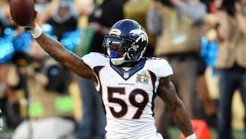Feb 7, 2016; Santa Clara, CA, USA; Denver Broncos inside linebacker Danny Trevathan (59) celebrates after a fumble recovery against the Carolina Panthers in the second quarter in Super Bowl 50 at Levi
