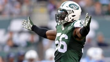 Dec 13, 2015; East Rutherford, NJ, USA; New York Jets linebacker Demario Davis (56) celebrates after a sack against the Tennessee Titans during the fourth quarter at MetLife Stadium. The Jets defeated the Titans 30-8. Mandatory Credit: Brad Penner-USA TODAY Sports