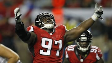 Sep 3, 2015; Atlanta, GA, USA; Atlanta Falcons defensive tackle Grady Jarrett (97) reacts after a sack against the Baltimore Ravens in the fourth quarter at the Georgia Dome. The Ravens defeated the Falcons 20-19. Mandatory Credit: Brett Davis-USA TODAY Sports