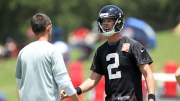 Jun 17, 2015; Atlanta, GA, USA; Atlanta Falcons quarterback Matt Ryan (2) talks to offensive coordinator Kyle Shanahan during minicamp at Falcons Training Facility. Mandatory Credit: Brett Davis-USA TODAY Sports