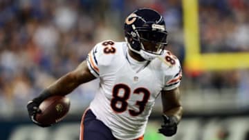 Nov 27, 2014; Detroit, MI, USA; Chicago Bears tight end Martellus Bennett (83) makes a catch and runs with the ball during the first quarter against the Detroit Lions on Thanksgiving at Ford Field. Mandatory Credit: Andrew Weber-USA TODAY Sports