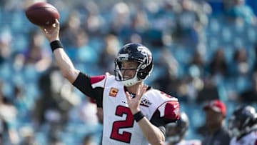 Dec 20, 2015; Jacksonville, FL, USA; Atlanta Falcons quarterback Matt Ryan (2) throws the ball prior to the game against the Jacksonville Jaguars at EverBank Field. Mandatory Credit: Logan Bowles-USA TODAY Sports