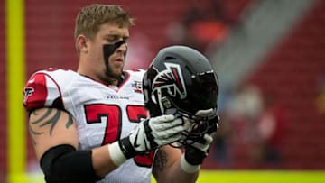 November 8, 2015; Santa Clara, CA, USA; Atlanta Falcons tackle Ryan Schraeder (73) puts on his helmet before the game against the San Francisco 49ers at Levi