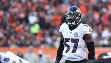 Jan 3, 2016; Cincinnati, OH, USA; Baltimore Ravens inside linebacker C.J. Mosley (57) against the Cincinnati Bengals at Paul Brown Stadium. The bengals won 24-16. Mandatory Credit: Aaron Doster-USA TODAY Sports