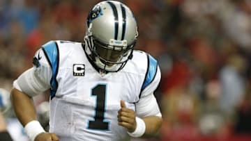 Dec 27, 2015; Atlanta, GA, USA; Carolina Panthers quarterback Cam Newton (1) reacts after fumbling Atlanta Falcons in the fourth quarter at the Georgia Dome. Mandatory Credit: Jason Getz-USA TODAY Sports
