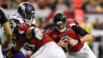 Nov 29, 2015; Atlanta, GA, USA; Atlanta Falcons offensive tackle Jake Matthews (70) tries to block Minnesota Vikings defensive end Everson Griffen (97) who sacks Falcons quarterback Matt Ryan (2) during the second half at the Georgia Dome. The Vikings defeated the Falcons 20-10. Mandatory Credit: Dale Zanine-USA TODAY Sports