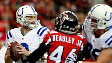 Nov 22, 2015; Atlanta, GA, USA; Indianapolis Colts quarterback Matt Hasselbeck (8) drops back to pass as Atlanta Falcons defensive end Vic Beasley Jr. (44) pursues against Indianapolis Colts offensive guard Joe Reitz (76) in the first quarter of their game at the Georgia Dome. Mandatory Credit: Jason Getz-USA TODAY Sports