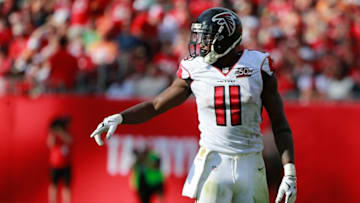 Dec 6, 2015; Tampa, FL, USA; Atlanta Falcons wide receiver Julio Jones (11) against the Tampa Bay Buccaneers during the second half at Raymond James Stadium. Tampa Bay Buccaneers defeated the Atlanta Falcons 23-19. Mandatory Credit: Kim Klement-USA TODAY Sports