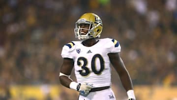 Sep 25, 2014; Tempe, AZ, USA; UCLA Bruins linebacker Myles Jack (30) reacts against the Arizona State Sun Devils at Sun Devil Stadium. UCLA defeated Arizona State 62-27. Mandatory Credit: Mark J. Rebilas-USA TODAY Sports