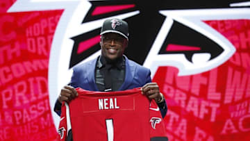 Apr 28, 2016; Chicago, IL, USA; Keanu Neal (Florida) is selected by the Atlanta Falcons as the number seventeen overall pick in the first round of the 2016 NFL Draft at Auditorium Theatre. Mandatory Credit: Kamil Krzaczynski-USA TODAY Sports