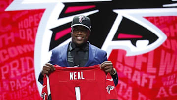 Apr 28, 2016; Chicago, IL, USA; Keanu Neal (Florida) is selected by the Atlanta Falcons as the number seventeen overall pick in the first round of the 2016 NFL Draft at Auditorium Theatre. Mandatory Credit: Kamil Krzaczynski-USA TODAY Sports