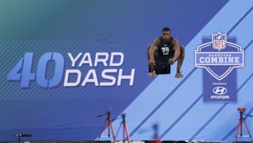 Feb 29, 2016; Indianapolis, IN, USA; Florida Gators defensive back Keanu Neal jumps up to stretch before running the 40 yard dash during the 2016 NFL Scouting Combine at Lucas Oil Stadium. Mandatory Credit: Brian Spurlock-USA TODAY Sports