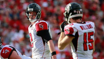Dec 6, 2015; Tampa, FL, USA; Atlanta Falcons quarterback Matt Ryan (2) talks with wide receiver Nick Williams (15) during the second half at Raymond James Stadium. Tampa Bay Buccaneers defeated the Atlanta Falcons 23-19. Mandatory Credit: Kim Klement-USA TODAY Sports