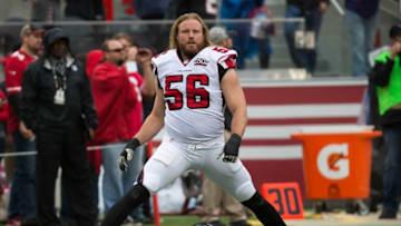 November 8, 2015; Santa Clara, CA, USA; Atlanta Falcons outside linebacker Brooks Reed (56) stretches before the game against the San Francisco 49ers at Levi
