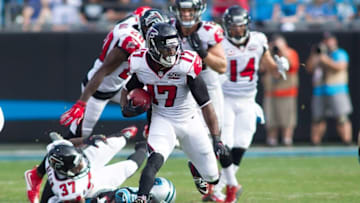 Dec 13, 2015; Charlotte, NC, USA; Atlanta Falcons wide receiver Devin Hester (17) returns a punt during the second quarter against the Carolina Panthers at Bank of America Stadium. Mandatory Credit: Jeremy Brevard-USA TODAY Sports