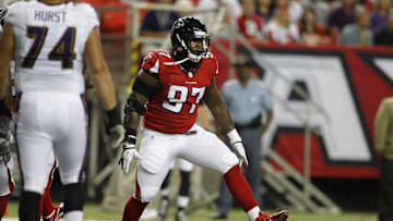 Sep 3, 2015; Atlanta, GA, USA; Atlanta Falcons defensive tackle Grady Jarrett (97) reacts after a tackle for a loss against the Baltimore Ravens in the first quarter at the Georgia Dome. Mandatory Credit: Brett Davis-USA TODAY Sports