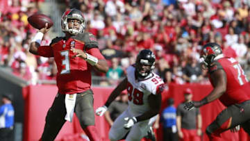Dec 6, 2015; Tampa, FL, USA; Tampa Bay Buccaneers quarterback Jameis Winston (3) throws the ball against the Atlanta Falcons during the second quarter at Raymond James Stadium. Mandatory Credit: Kim Klement-USA TODAY Sports