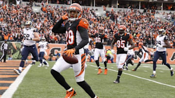 Nov 29, 2015; Cincinnati, OH, USA; Cincinnati Bengals cornerback Leon Hall (29) runs back an interception for a touchdown against the St. Louis Rams in the second half at Paul Brown Stadium. Cincinnati defeated St. Louis 31-7. Mandatory Credit: Mark Zerof-USA TODAY Sports