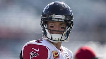 Dec 20, 2015; Jacksonville, FL, USA; Atlanta Falcons quarterback Matt Ryan (2) looks on from the field prior to the game against the Jacksonville Jaguars at EverBank Field. Mandatory Credit: Logan Bowles-USA TODAY Sports