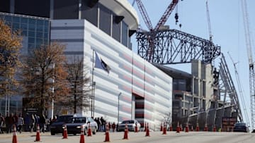 Dec 5, 2015; Atlanta, GA, USA; General view of construction of the Mercedes-Benz Stadium behind the Georgia Dome prior to the 2015 SEC Championship Game between the Alabama Crimson Tide and the Florida Gators. Mandatory Credit: Jason Getz-USA TODAY Sports