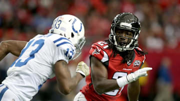 Nov 22, 2015; Atlanta, GA, USA; Atlanta Falcons cornerback Desmond Trufant (21) defends Indianapolis Colts wide receiver T.Y. Hilton (13) in the first quarter of their game at the Georgia Dome. The Colts won 24-21. Mandatory Credit: Jason Getz-USA TODAY Sports